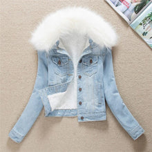 Load image into Gallery viewer, 2019 Autumn Winter Women's Denim Jacket Fur Collar Short Basic Coats Female Plus Size 4XL Jeans Jackets Oversize Outerwear M25