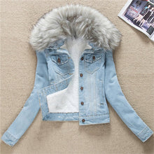 Load image into Gallery viewer, 2019 Autumn Winter Women's Denim Jacket Fur Collar Short Basic Coats Female Plus Size 4XL Jeans Jackets Oversize Outerwear M25