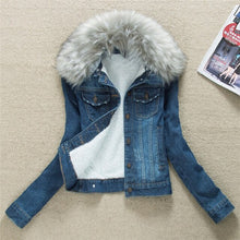 Load image into Gallery viewer, 2019 Autumn Winter Women's Denim Jacket Fur Collar Short Basic Coats Female Plus Size 4XL Jeans Jackets Oversize Outerwear M25