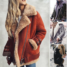 Load image into Gallery viewer, Tweed jacket Women's Coat Sweatshirt Lapel Buckle Cool Pilot Jacket Faux Leather Woolen Motorcycle Jackets Women teddy jacket