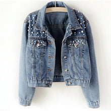 Load image into Gallery viewer, 2020 new denim jacket large size women's beaded diamond jacket light blue loose jacket loose