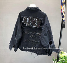 Load image into Gallery viewer, Spring Autumn Sequins Red Denim Coat Women's Fashion Loose Short Hole Jacket Female Student BF Wind Black Jeans Coat Overcoats