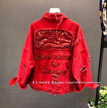 Load image into Gallery viewer, Spring Autumn Sequins Red Denim Coat Women's Fashion Loose Short Hole Jacket Female Student BF Wind Black Jeans Coat Overcoats