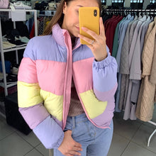 Load image into Gallery viewer, Women's Fresh Rainbow Contrast Short Bread Parkas Winter Zipper Pockets Jacket Women Parka Casual Patchwork Fuffy Female Jacket
