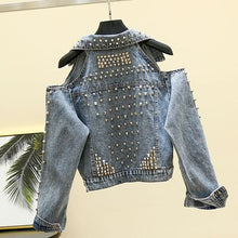 Load image into Gallery viewer, 2019 Spring Autumn Womens Punk Style Jeans Jackets Women Fashon Rivet Sexy Open Shoulder Long Sleeve Loose Jeans Jackets Coats