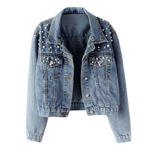 Load image into Gallery viewer, Plus Size Women's Denim Jacket Blue Long Sleeve Denim Jacket Pocket Beading Casual Short Outwear Jeans Jacket Feminine Coat