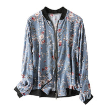 Load image into Gallery viewer, Women's jackets coats 100% Real Silk Crepe Bomber Jacket Casual Zipper Floral Printed Stand Collar Short Summer Outwear Tops