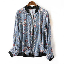 Load image into Gallery viewer, Women's jackets coats 100% Real Silk Crepe Bomber Jacket Casual Zipper Floral Printed Stand Collar Short Summer Outwear Tops