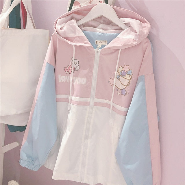 Harajuku Mori Girl Patchwork Loose Cartoon Printed Zipper Jacket Soft Sister Autumn Students Japanese Women's Hooded Short Coat