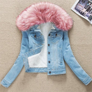 2019 Autumn Winter Women's Denim Jacket Fur Collar Short Basic Coats Female Plus Size 4XL Jeans Jackets Oversize Outerwear M25