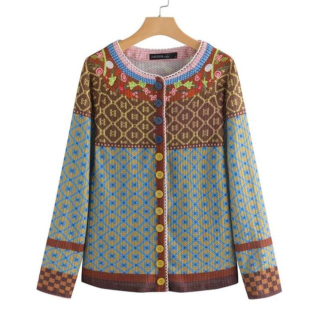 ZANZEA Women's Patchwork Cardigans Pull Femme Jackets Ethnic Print Coats Single Button Overcoat Female O Neck Blusa Plus Size 7