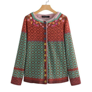 ZANZEA Women's Patchwork Cardigans Pull Femme Jackets Ethnic Print Coats Single Button Overcoat Female O Neck Blusa Plus Size 7