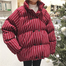 Load image into Gallery viewer, 2019 women&#39;s winter thick stand collar striped big size loose double breasted short cotton coat jackets female super thick coats
