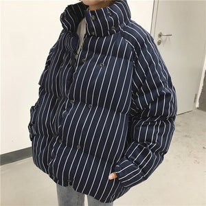 2019 women's winter thick stand collar striped big size loose double breasted short cotton coat jackets female super thick coats