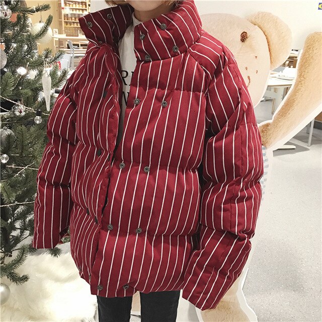 2019 women's winter thick stand collar striped big size loose double breasted short cotton coat jackets female super thick coats