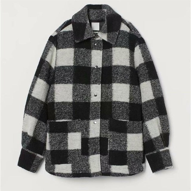 HM women's new fall 2019 polo long sleeve black and white plaid blended soft tweed Pocket Shirt coat 0787160