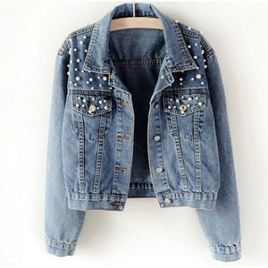 2020 new denim jacket large size women's beaded diamond jacket light blue loose jacket loose