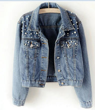 Load image into Gallery viewer, 2020 new denim jacket large size women&#39;s beaded diamond jacket light blue loose jacket loose
