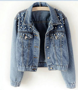 2020 new denim jacket large size women's beaded diamond jacket light blue loose jacket loose