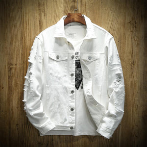 Autumn Denim Jacket Women's Hole Denim Denim Jacket Jacket Slim Ftness Casual Jacket Cotton White Black XL 5XL