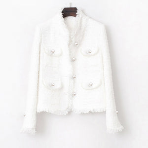 tweed jacket White Pearl inlaid pocket 2020 autumn /winter women's jacket new slim slimming tweed ladies jacket coat