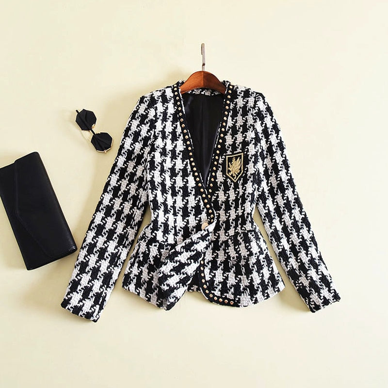 New Fashion Runway 2020 Designer Jacket Women's Long Sleeve Badge Embroidery Rivet Houndstooth Tweed Jacket Outer Coat