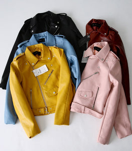 Women's ZA Classic Leather Jacket Coat Long Sleeved Yellow PU Coat 5 Color Outerwear