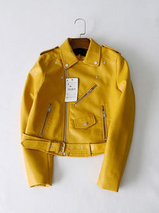 Women's ZA Classic Leather Jacket Coat Long Sleeved Yellow PU Coat 5 Color Outerwear