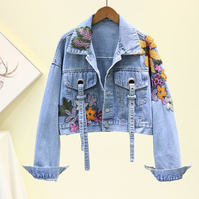 2020 Autumn Women's Denim Jacket Embroidery Sequined Jeans Jacket Long Sleeve Jaqueta Casual Loose Short Coat Student Streetwear