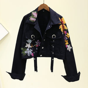 2020 Autumn Women's Denim Jacket Embroidery Sequined Jeans Jacket Long Sleeve Jaqueta Casual Loose Short Coat Student Streetwear