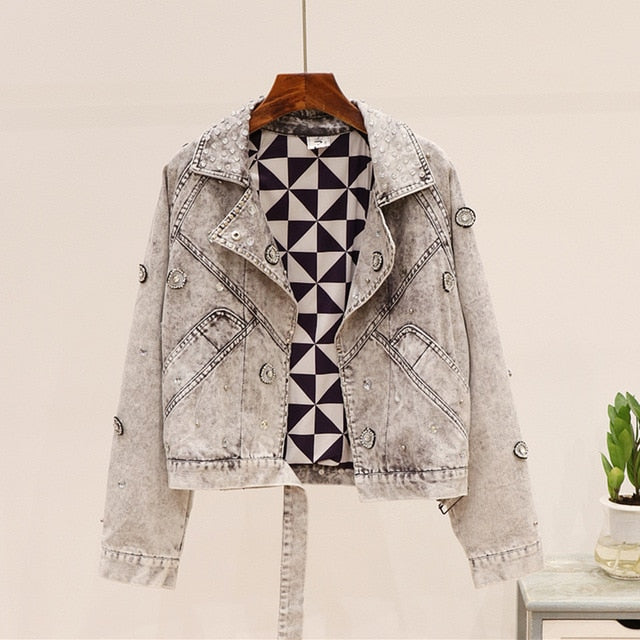 Ailigou 2020 New Women'S Jacket Handsome Punk Style Heavy Nails Sequined Denim Jacket Women'S Short Denim Diamond coat