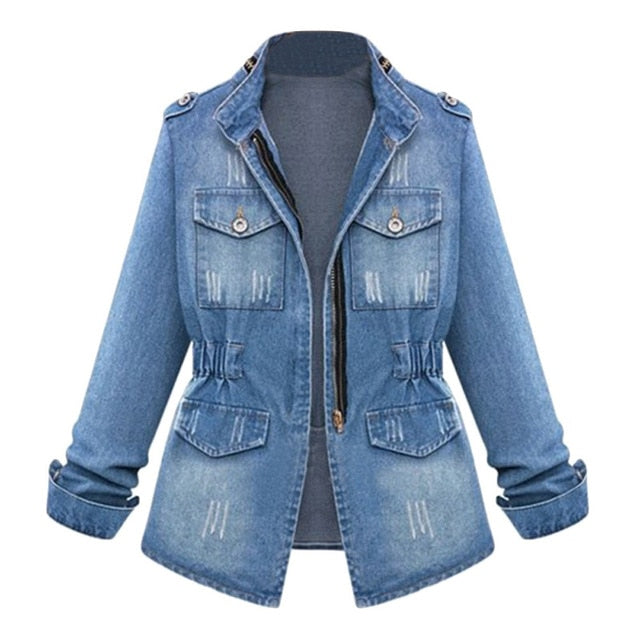 Plus Size Jacket Women Denim Oversize Jeans Chain Pocket Coat Solid Turn-down Collar Autumn Coat Sportswear #Zer