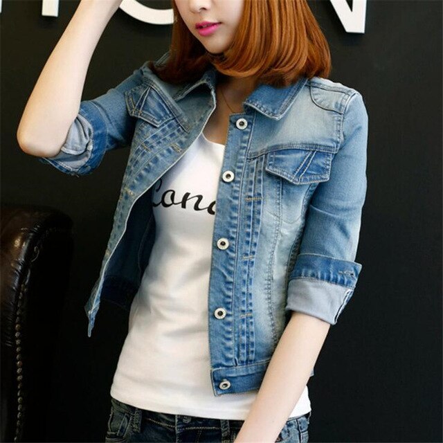 Fashion S 5XL 2017 Plus Size Women winter Solid Blue Cotton Denim Jacket Light Washed woman Collar Long Sleeve jeans Coats