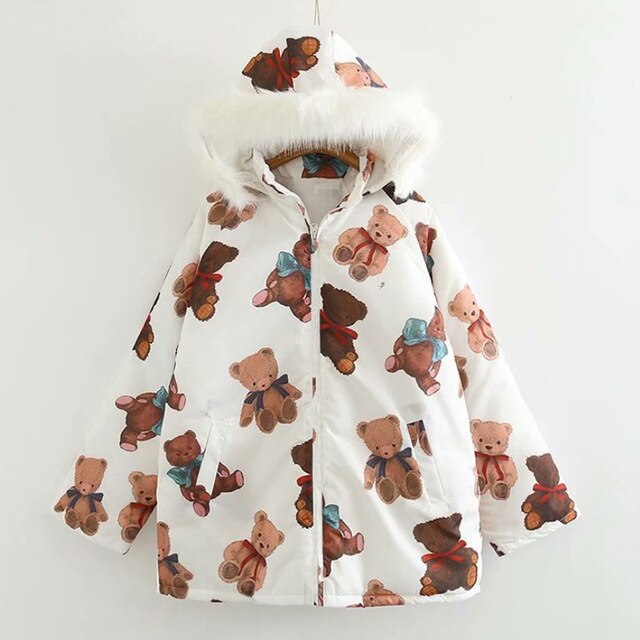 Women's Harajuku Parkas Kawaii Jacket Cartoon Bear Print Winter Padded Coats Women 2020 Japanese Fashion Outwear Loose Coat