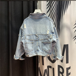 2020 Harajuku European Style Blue Jean Jacket Women Short Denim Jackets Spring Ripped Hole Loose Coat  Korean New Roupa Feminina