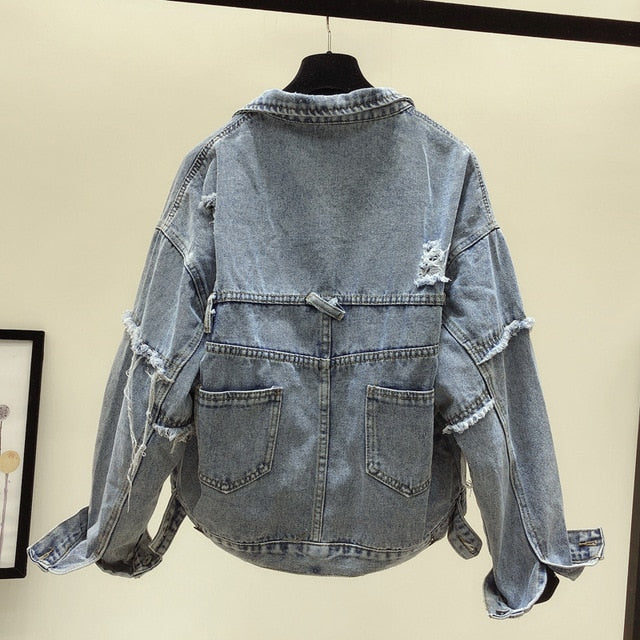 2020 Harajuku European Style Blue Jean Jacket Women Short Denim Jackets Spring Ripped Hole Loose Coat  Korean New Roupa Feminina