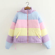 Load image into Gallery viewer, Women&#39;s Fresh Rainbow Contrast Short Bread Parkas Winter Zipper Pockets Jacket Women Parka Casual Patchwork Fuffy Female Jacket
