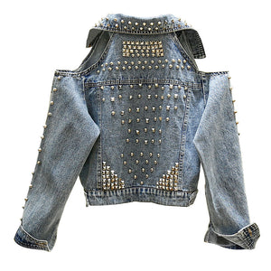 2019 Spring Autumn Womens Punk Style Jeans Jackets Women Fashon Rivet Sexy Open Shoulder Long Sleeve Loose Jeans Jackets Coats