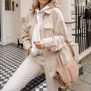 Women's Fashion Khaki Single Breasted Long Jackets Outwear Female Autumn Stylish Plaid Print Jewellery Button Long Sleeve Jacket