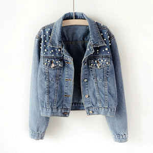 Plus Size Women's Denim Jacket Blue Long Sleeve Denim Jacket Pocket Beading Casual Short Outwear Jeans Jacket Feminine Coat