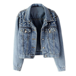 Plus Size Women's Denim Jacket Blue Long Sleeve Denim Jacket Pocket Beading Casual Short Outwear Jeans Jacket Feminine Coat