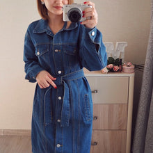 Load image into Gallery viewer, Hong Kong-Style Long-Sleeved Midi Jeans Coat Women&#39;s Loose Shirt Jacket Style Waist Hugging High Waist Denim Skirt Short Skirt
