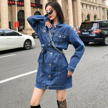 Load image into Gallery viewer, Hong Kong-Style Long-Sleeved Midi Jeans Coat Women&#39;s Loose Shirt Jacket Style Waist Hugging High Waist Denim Skirt Short Skirt
