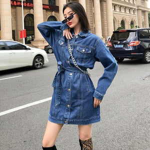 Hong Kong-Style Long-Sleeved Midi Jeans Coat Women's Loose Shirt Jacket Style Waist Hugging High Waist Denim Skirt Short Skirt