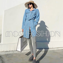 Load image into Gallery viewer, Hong Kong-Style Long-Sleeved Midi Jeans Coat Women&#39;s Loose Shirt Jacket Style Waist Hugging High Waist Denim Skirt Short Skirt
