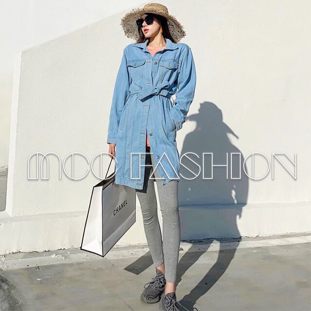 Hong Kong-Style Long-Sleeved Midi Jeans Coat Women's Loose Shirt Jacket Style Waist Hugging High Waist Denim Skirt Short Skirt