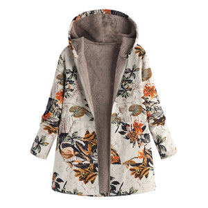 Women's Parkas Cotton & Linen Autumn Plush Long Sleeve Hooded Coat Casual Loose Printed Zipper Warm Overcoat Tops Jacket  2020