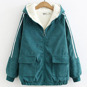 Women's Cotton Coat Winter Jacket Ladies Corduroy Cotton Outerwear Winter Plus Velvet Thick Warm Jackets Zipper Overcoat A1419