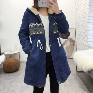 New Women's Denim Jacket Winter 2019 Printing Warm Thicken Plus Velvet Cotton Padded Coat Loose Hooded Long Outerwear Female