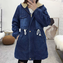 Load image into Gallery viewer, New Women&#39;s Denim Jacket Winter 2019 Printing Warm Thicken Plus Velvet Cotton Padded Coat Loose Hooded Long Outerwear Female
